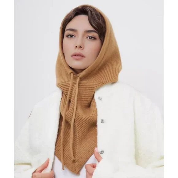 Women Light Gray Hooded Scarf Winter Beanie Hats Beanies Knitted Crochet Hat - Picture 4 of 7